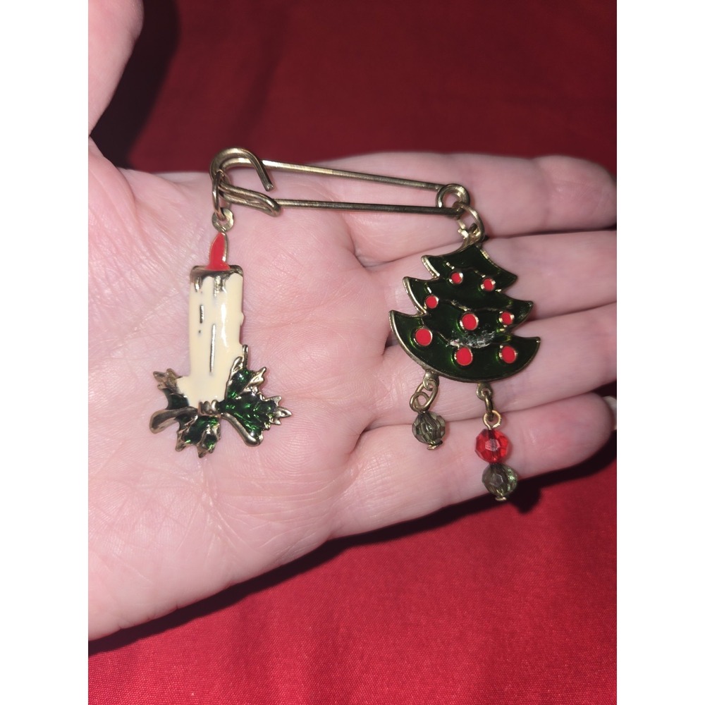 Vintage Enamel Christmas Tree & Candle Safety Pin Brooch Dangles Crystal Beads